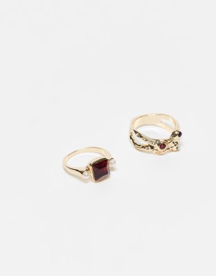 Reclaimed Vintage Reclaimed Vintage dainty ring 2 pack with stones in gold