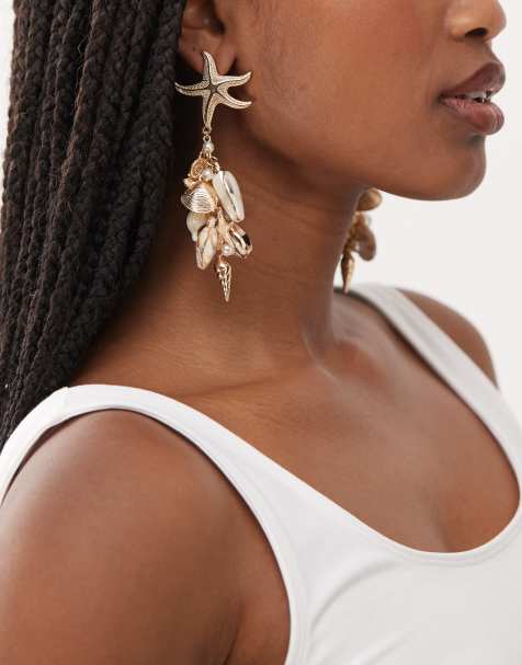 Reclaimed Vintage dangly earrings with faux pearls and shell in gold - view 1