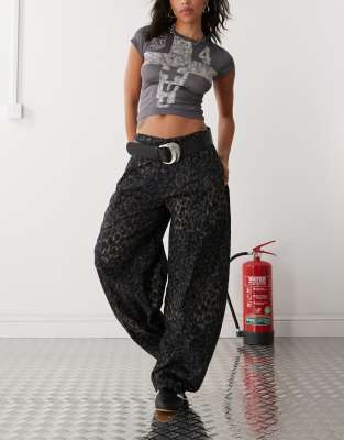 Reclaimed Vintage dark leopard print barrel leg trouser-Black