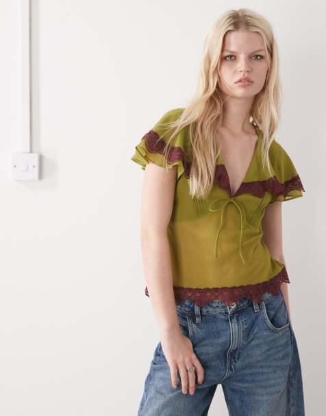 Reclaimed Vintage day top with collar in green chiffon - view 1