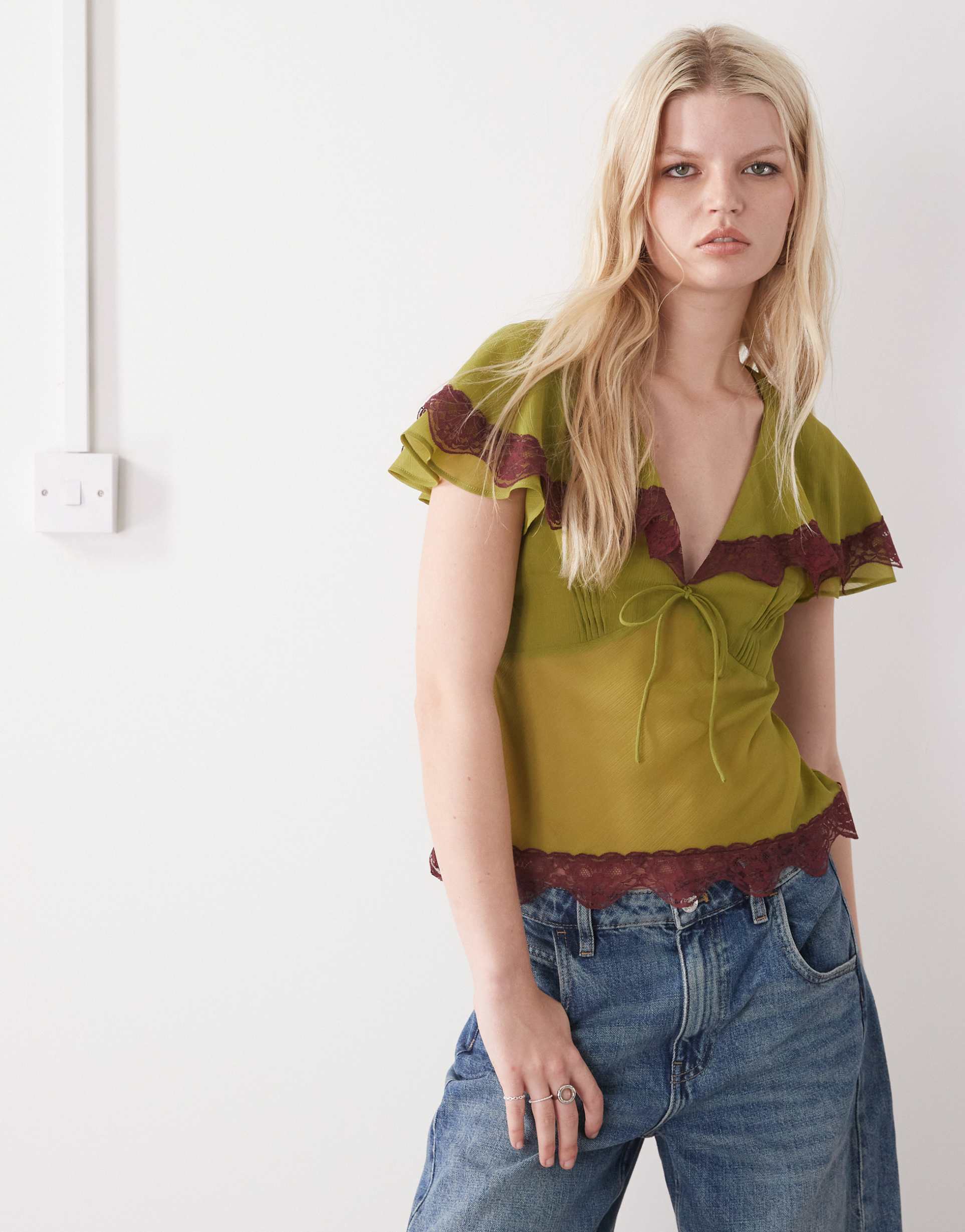 reclaimed vintage day top with collar in green chiffon