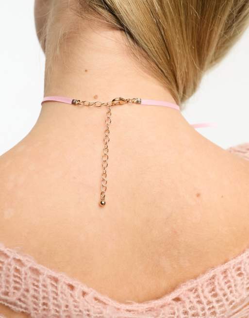 Reclaimed Vintage delicate ribbon necklace in pink with gold pendants ASOS