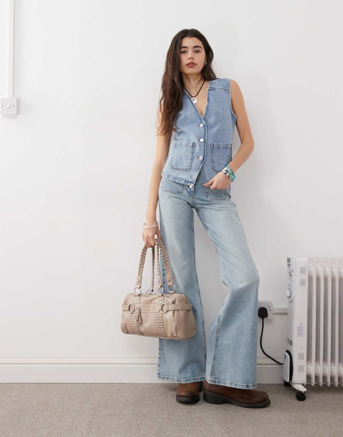 Reclaimed Vintage denim 70s palazzo co-ord in blue wash