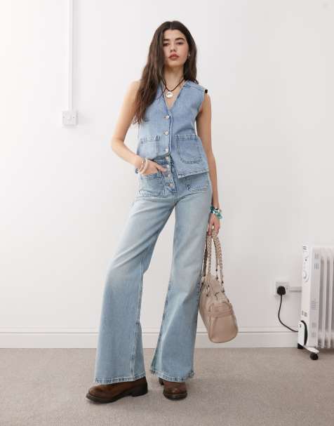 Reclaimed Vintage denim 70s palazzo jean with patch pockets and button fly detail in blue wash - view 1