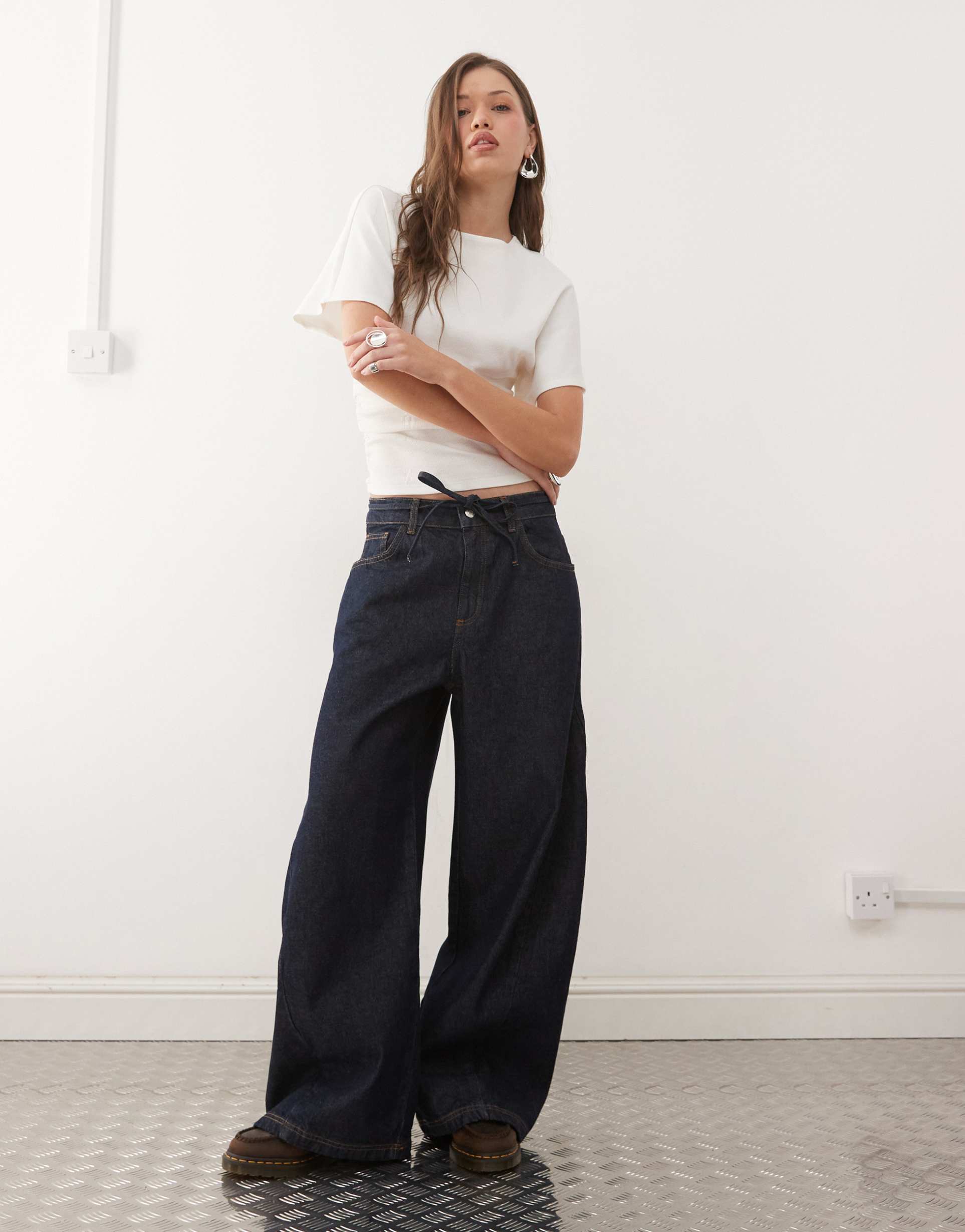 reclaimed vintage denim baggy wide leg jeans with tie detail in indigo - part of a set
