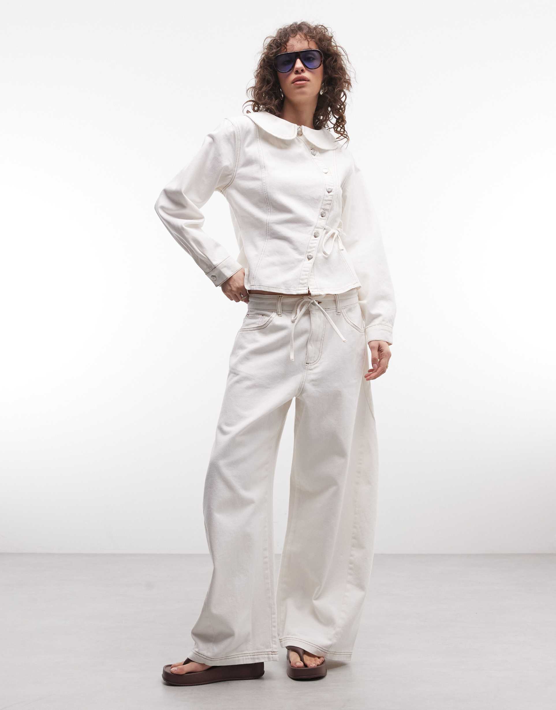 reclaimed vintage denim baggy wide leg jeans with tie detail in white - part of a set