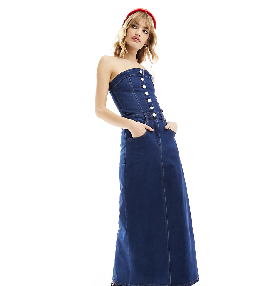 Reclaimed Vintage denim bandeau maxi dress in blue wash