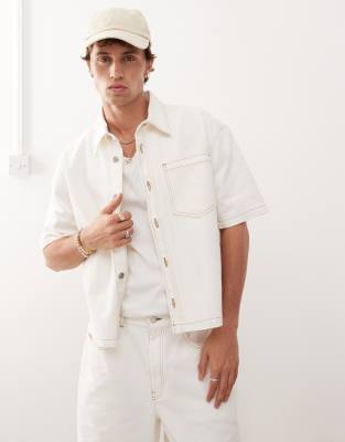 Reclaimed Vintage Reclaimed Vintage denim boxy shirt co-ord with tobacco stitching in ecru-White