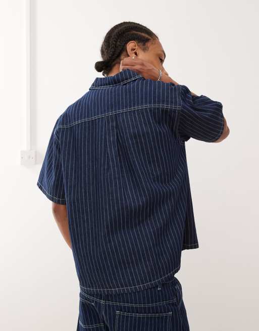 Reclaimed Vintage denim boxy shirt with zip detail in blue pinstripes - part of a set