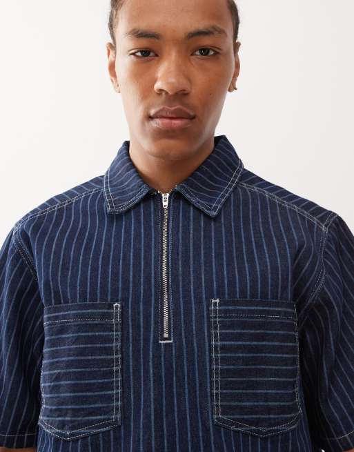 Reclaimed Vintage denim boxy shirt with zip detail in blue pinstripes - part of a set