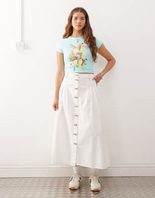 Reclaimed Vintage Reclaimed Vintage denim button through midi skirt in ecru and tobacco stitch-White