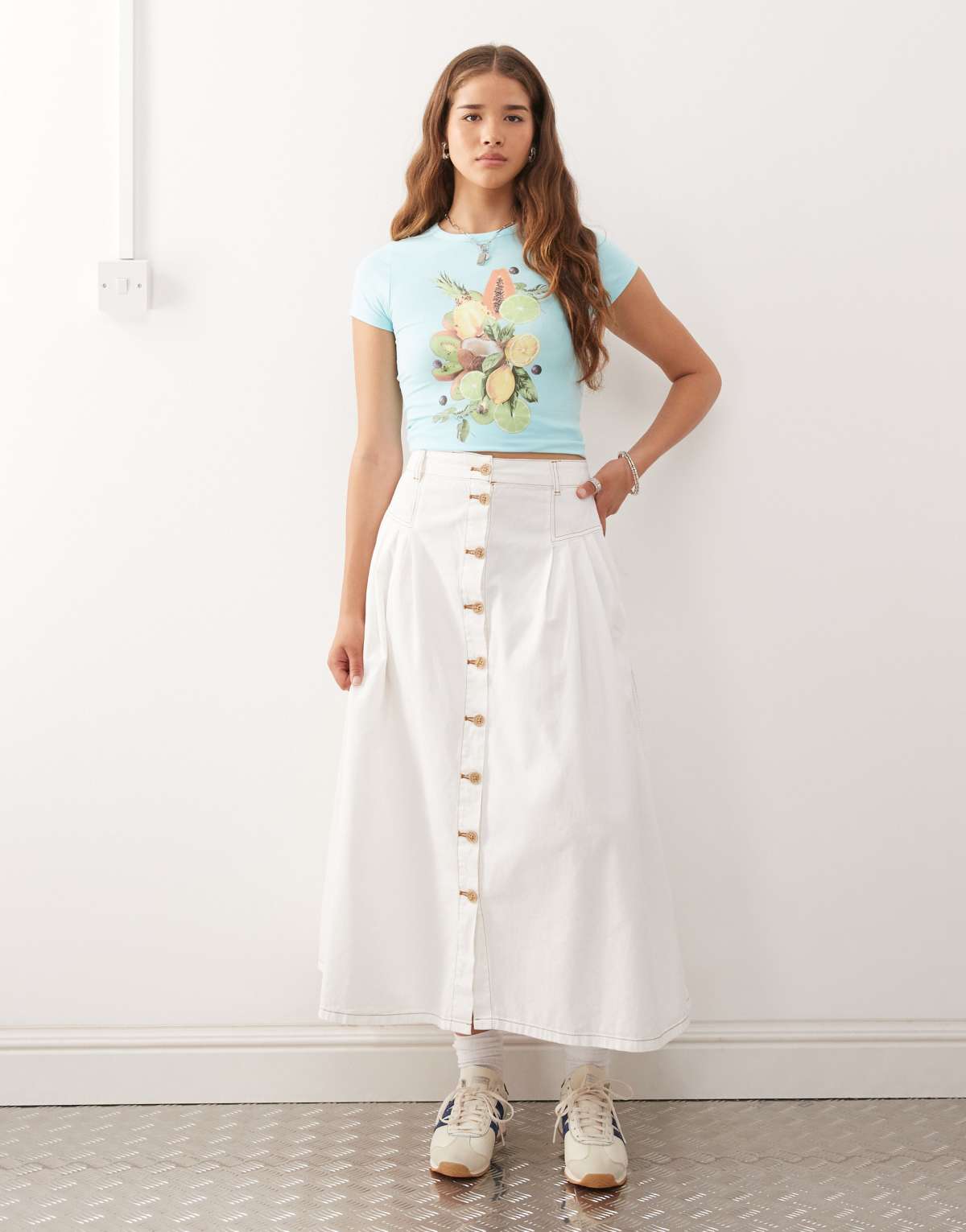 Reclaimed Vintage denim button through midi skirt in ecru and tobacco stitch