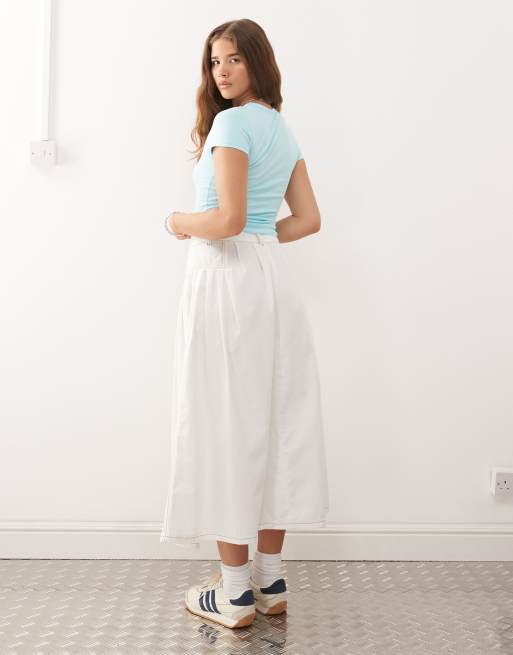 Reclaimed Vintage denim button through midi skirt in ecru and tobacco stitch, 2 of 5