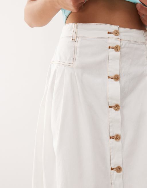 Reclaimed Vintage denim button through midi skirt in ecru and tobacco stitch, 3 of 5