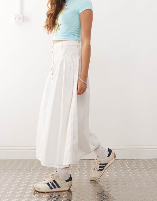 Reclaimed Vintage denim button through midi skirt in ecru and tobacco stitch, 4 of 5
