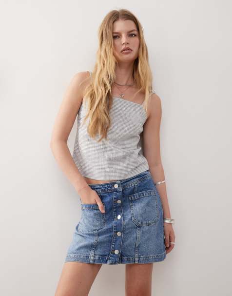 Reclaimed Vintage denim button through mini skirt in mid-wash blue - view 1