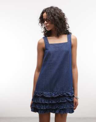 Reclaimed Vintage denim cami mini dress with ruffle details in mid blue mid blue