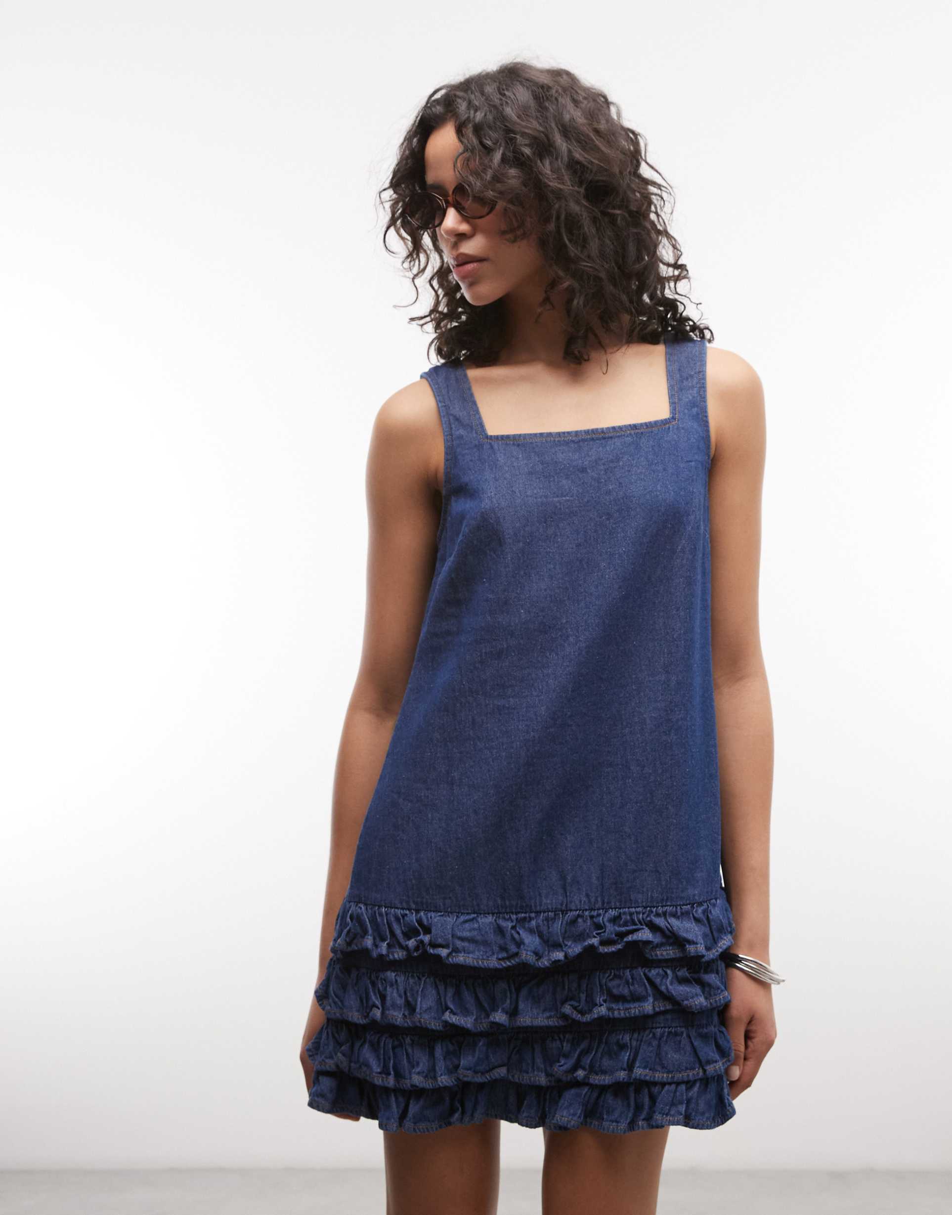 reclaimed vintage denim cami mini dress with ruffle details in mid blue