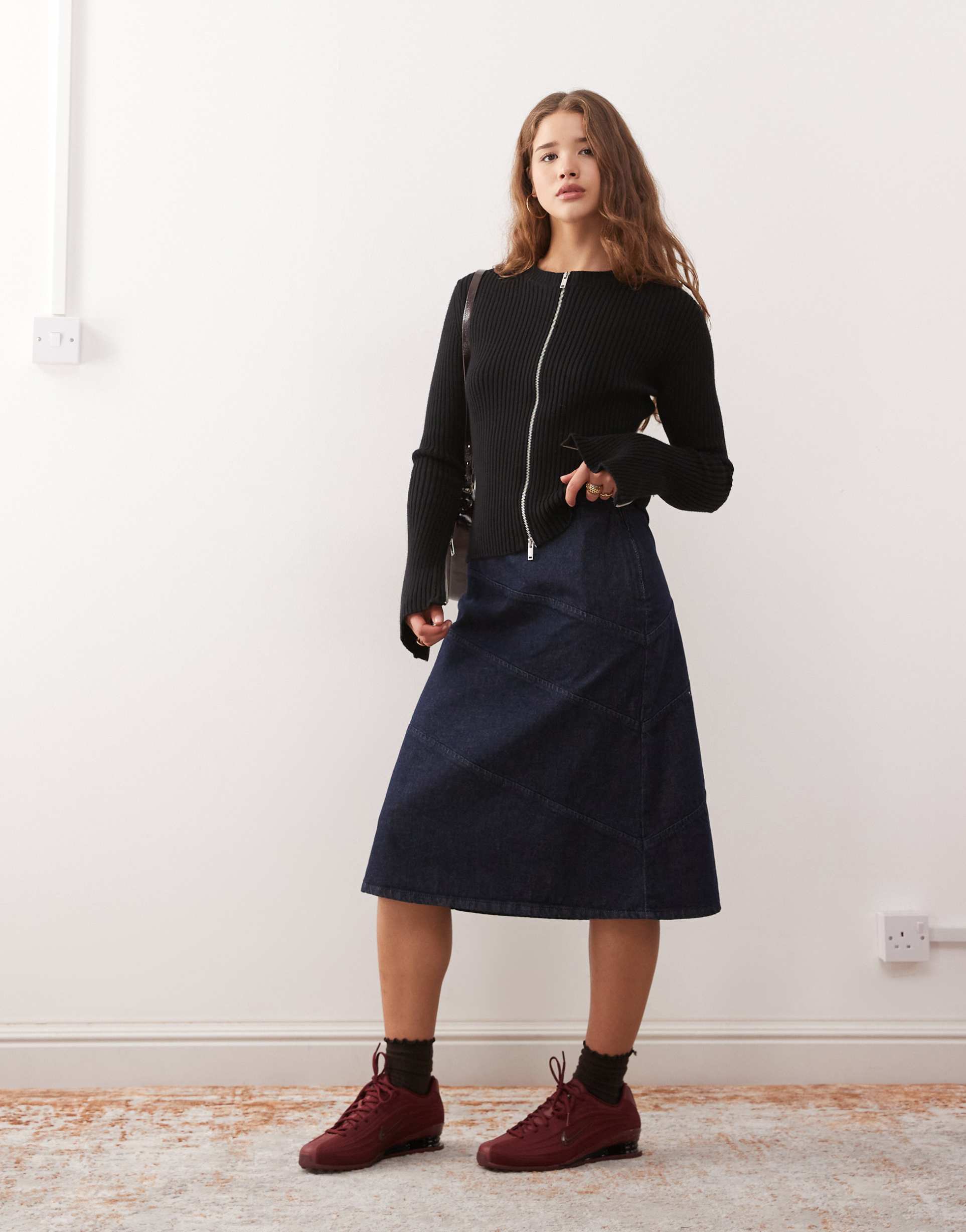 reclaimed vintage denim column midaxi skirt with seam detail in indigo wash