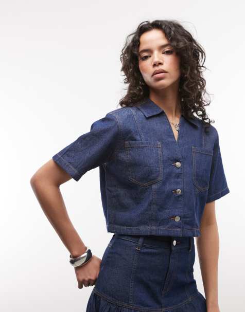 Reclaimed Vintage denim cropped short sleeve shirt in indigo (part of a set) - view 1