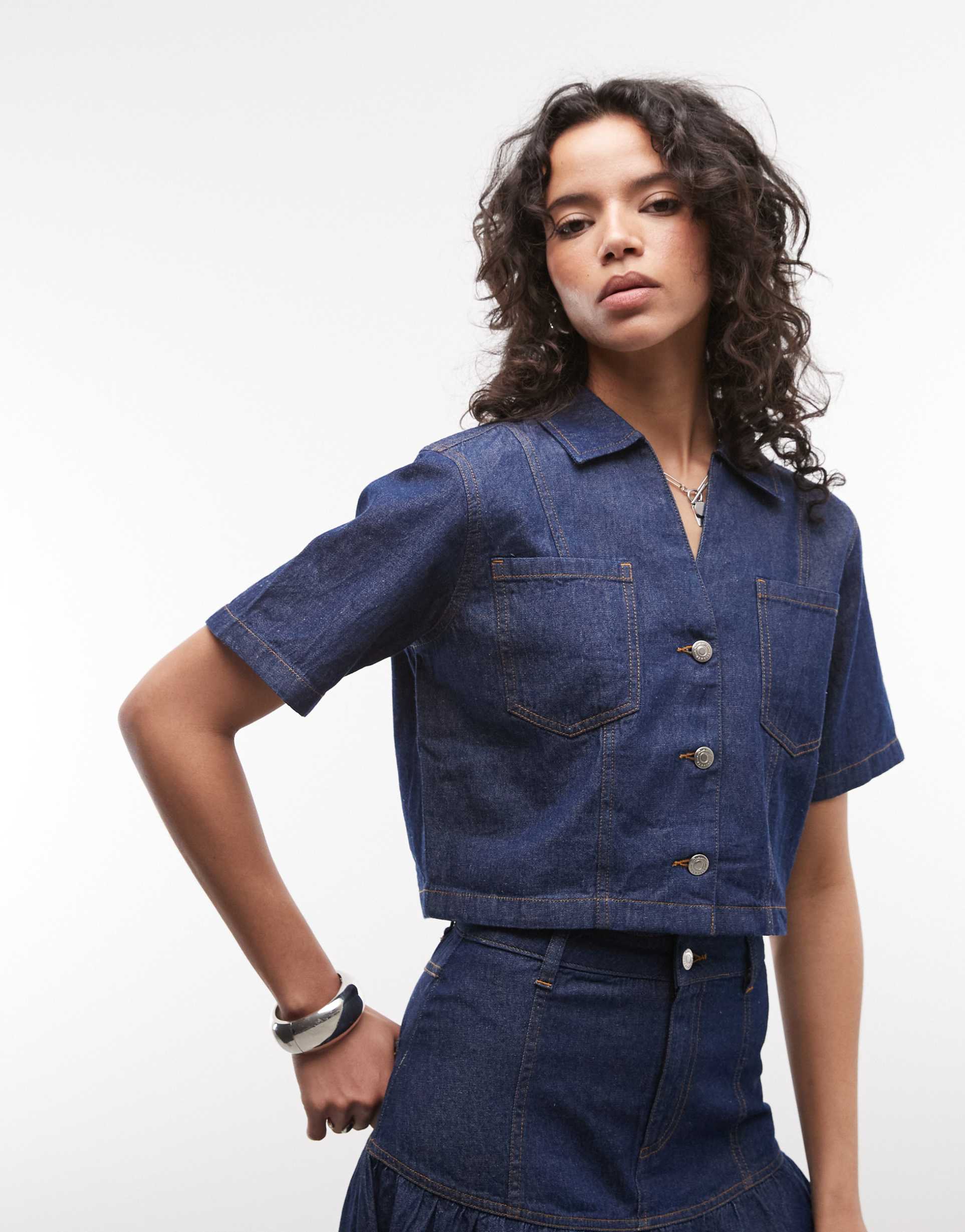 reclaimed vintage denim cropped short sleeve shirt in indigo - part of a set