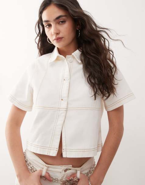 Reclaimed Vintage denim cropped western shirt co-ord in ecru - view 1
