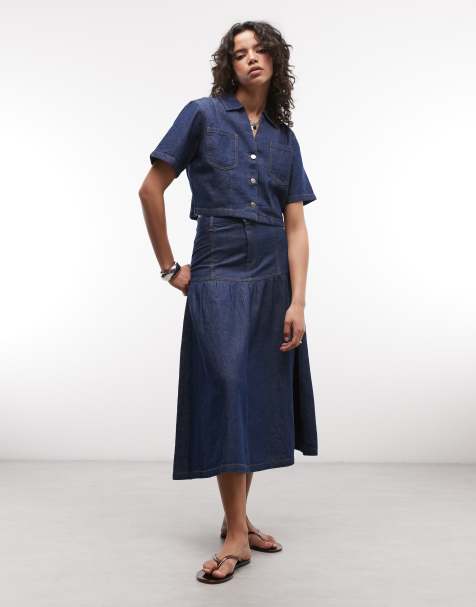 Reclaimed Vintage denim drop waist maxi skirt co-ord in indigo - view 1