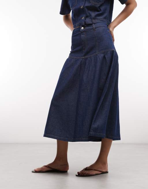 Reclaimed Vintage denim drop waist maxi skirt co-ord in indigo, 2 of 5