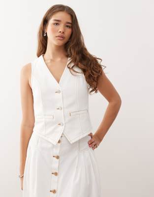 Reclaimed Vintage - Denim gilet in ecru met contrasterende bruine stiksels