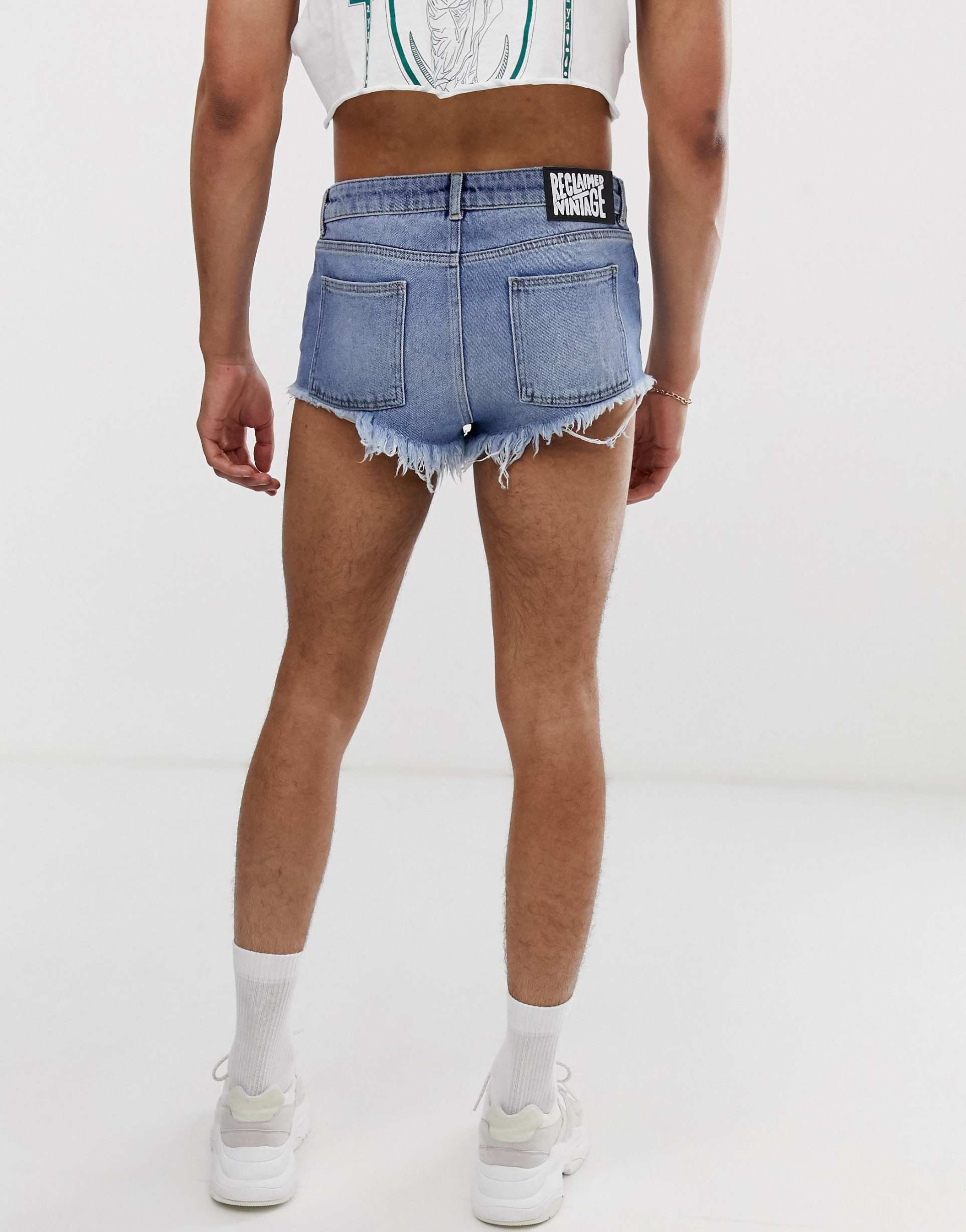 Reclaimed Vintage denim hot pants in mid wash blue ASOS