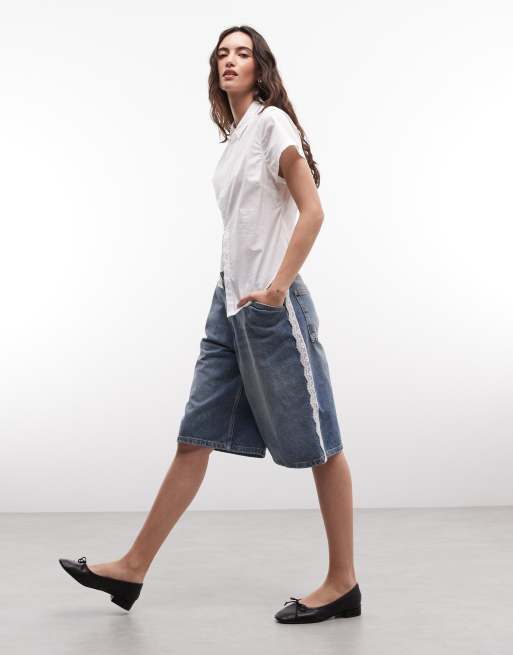 Reclaimed Vintage denim jort med blondedetalje, 4 af 5
