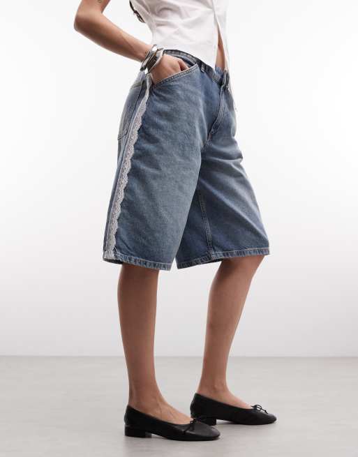 Reclaimed Vintage denim jort met kantdetail, 2 van 5
