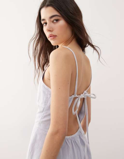 Reclaimed Vintage Denim Lace Insert Strappy Cami Midi Dress in Light Blue Wash