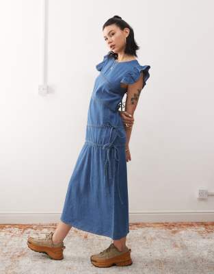 denim maxi dress with asymmetric ruching-Blue