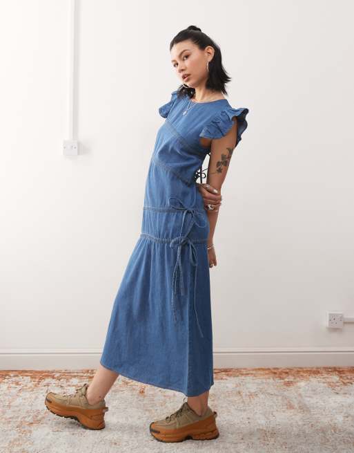 Reclaimed Vintage - Denim maxi jurk met asymmetrische ruches