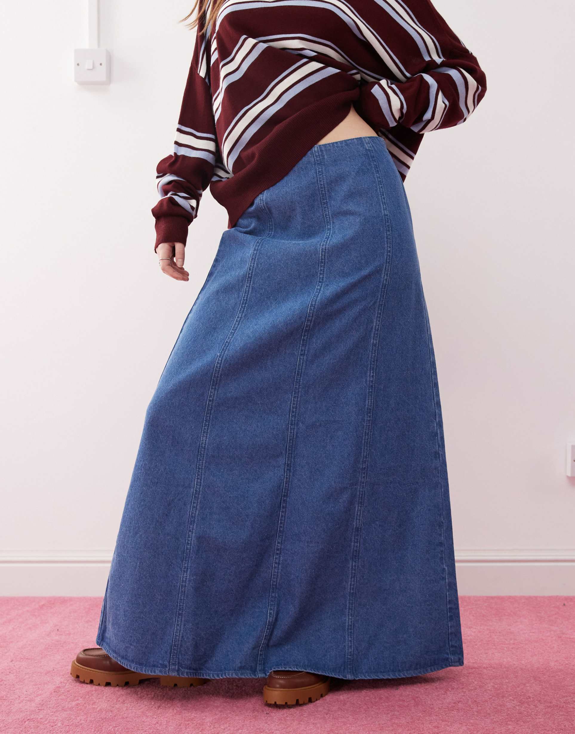 reclaimed vintage denim maxi skirt in mid blue