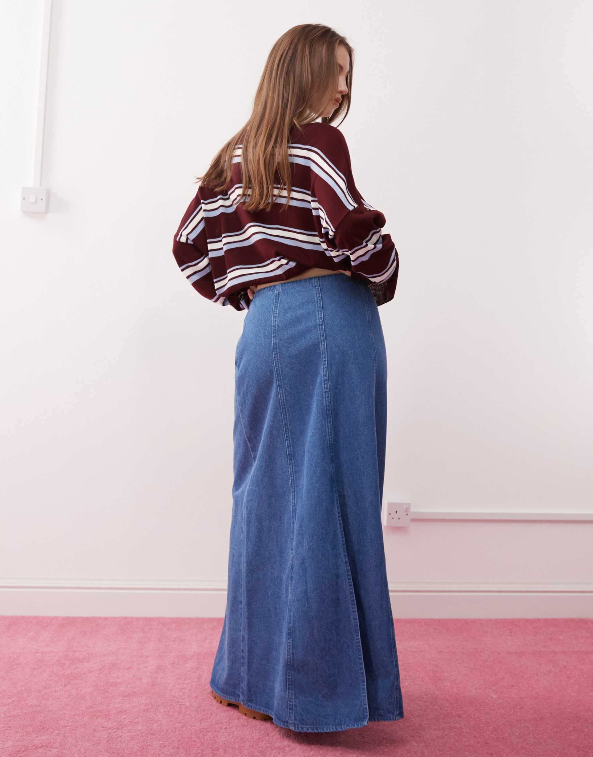reclaimed vintage denim maxi skirt in mid blue
