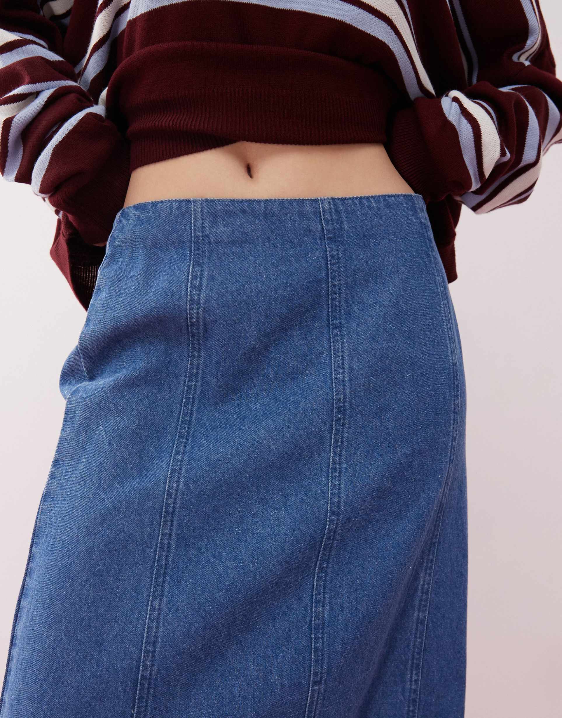 reclaimed vintage denim maxi skirt in mid blue