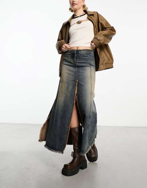 Reclaimed Vintage - Denim-maxinederdel med opdelt design i Y2K-vask 