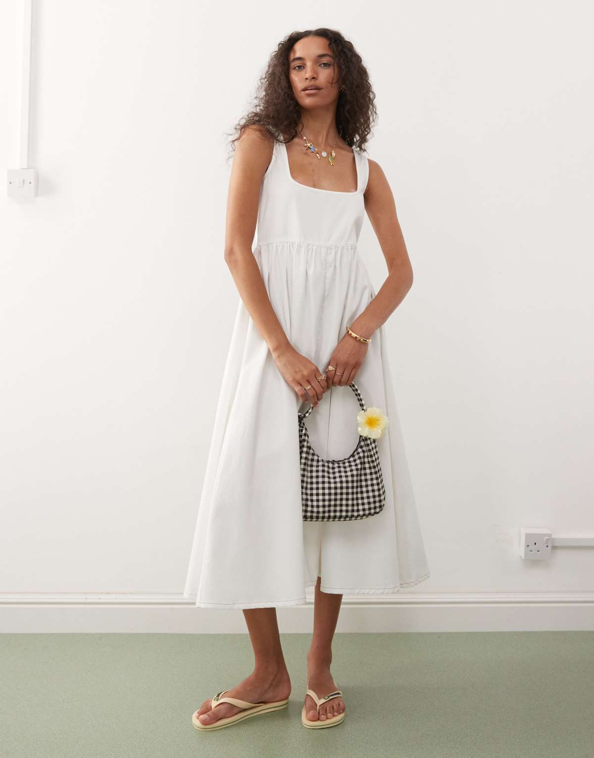 Reclaimed Vintage denim midi dress with seam details in buttermilk yellow
