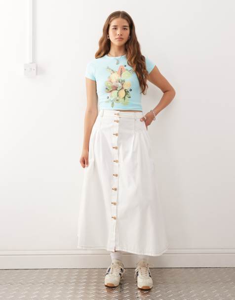 Reclaimed Vintage - Denim midi rok met knopen in ecru met contrasterende bruine stiksels - view 1