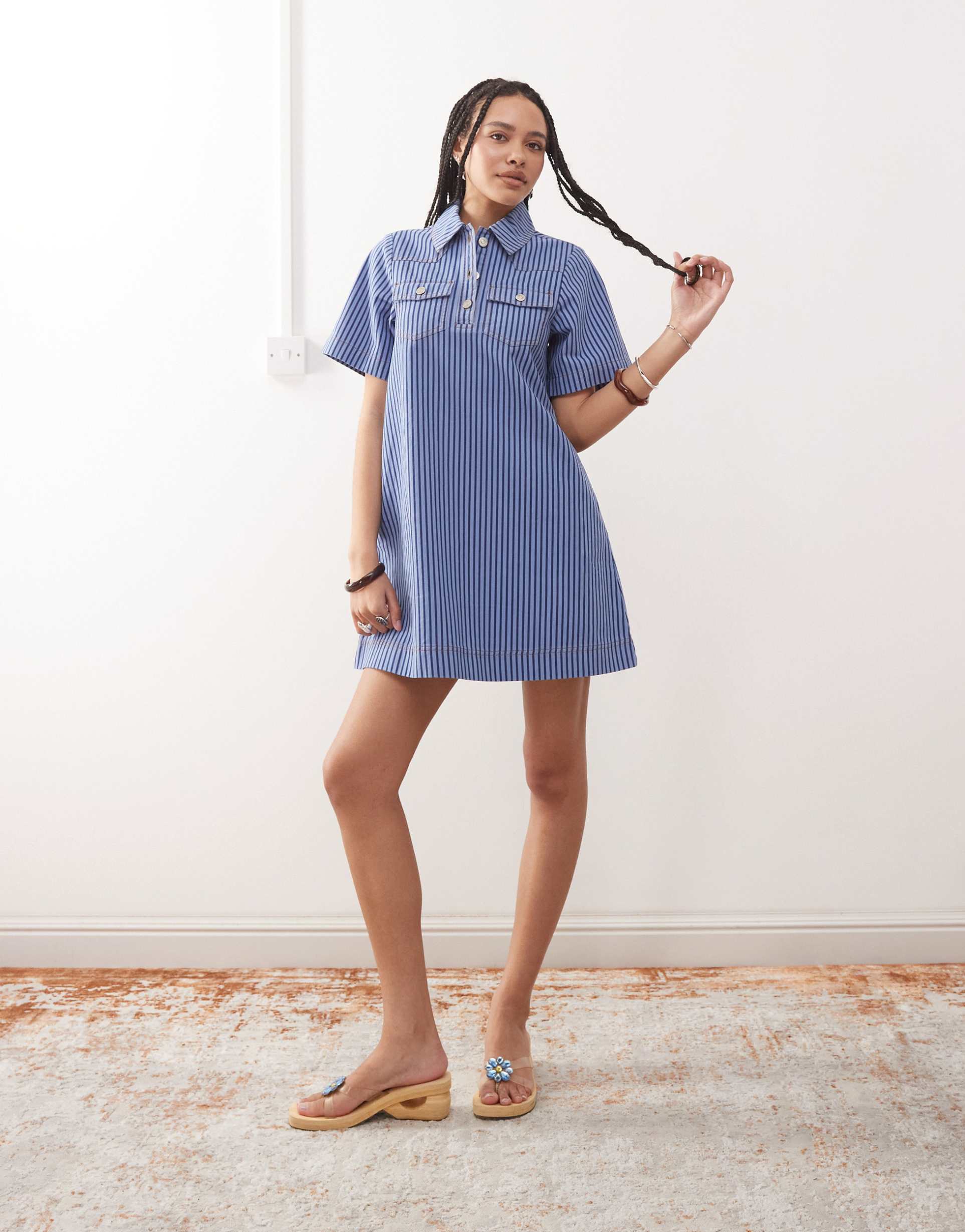 reclaimed vintage denim mini shirt dress in blue tonal pinstripes