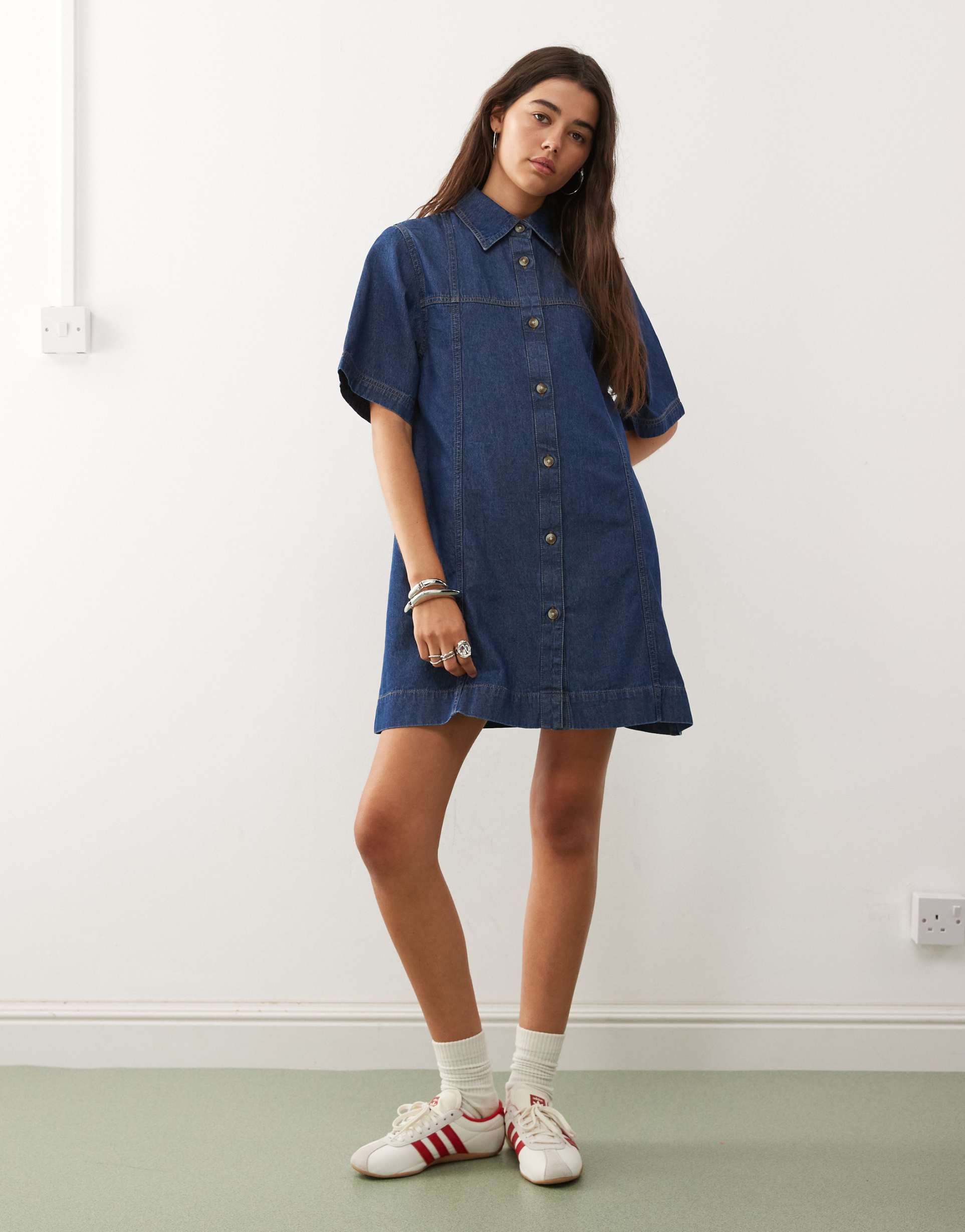reclaimed vintage denim mini shirt dress in mid blue wash with tobacco stitch