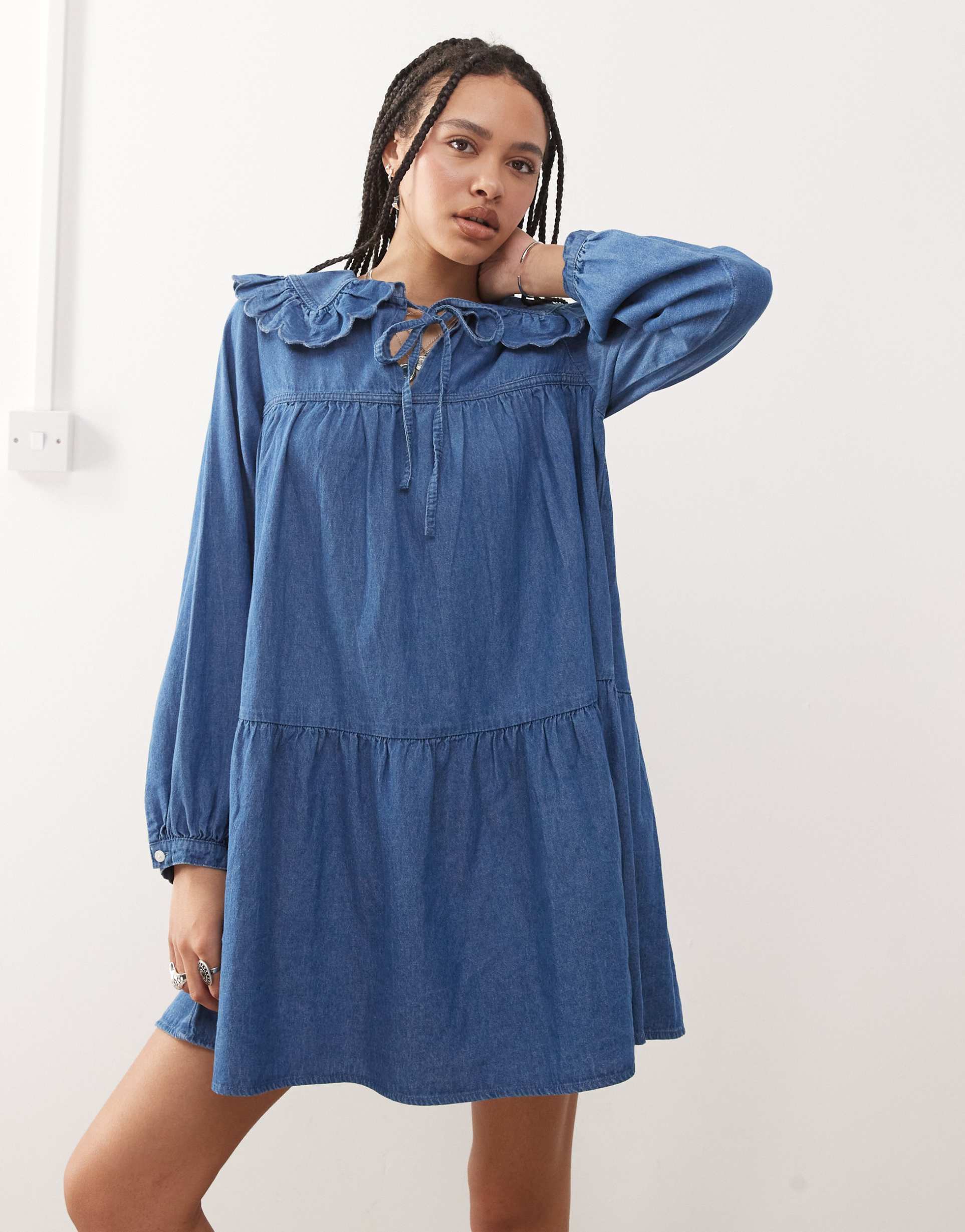 reclaimed vintage denim mini smock dress with oversized peter pan collar in midwash blue