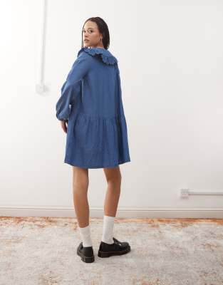 Reclaimed Vintage Denim Mini Smock Dress with Oversized Peter Pan Collar in Midwash Blue