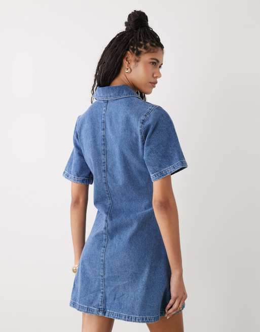 Reclaimed Vintage - Denim overhemdjurk in middenblauwe wassing, 4 van 4