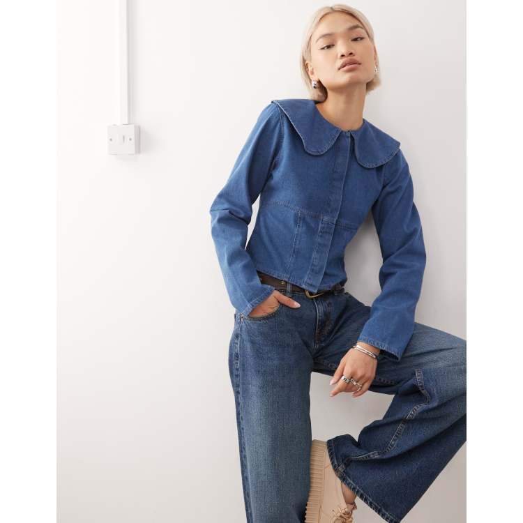Reclaimed Vintage denim Peter Pan collar long sleeve top in