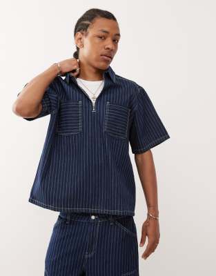 Reclaimed Vintage Reclaimed Vintage denim pinstripe boxy shirt co-ord with zip detail in blue