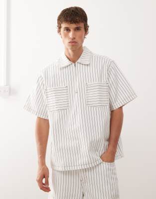 denim pinstripe boxy shirt with zip detail in white and brown - part of a set