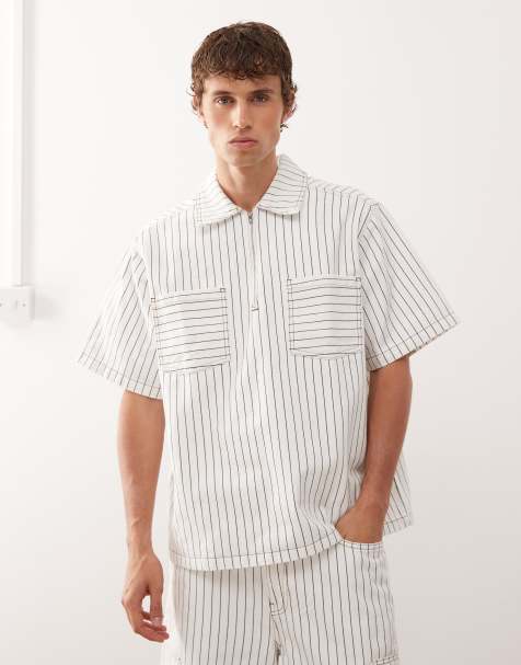 Reclaimed Vintage denim pinstripe boxy shirt with zip detail in white and brown - part of a set - view 1